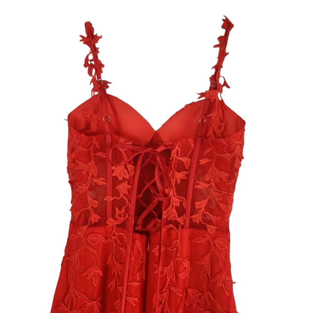 Red Leaf Detail High Slit Trumpet Gown Sz 2 Vamp Bustier Sheer Mesh Maxi Formal - Picture 9 of 13